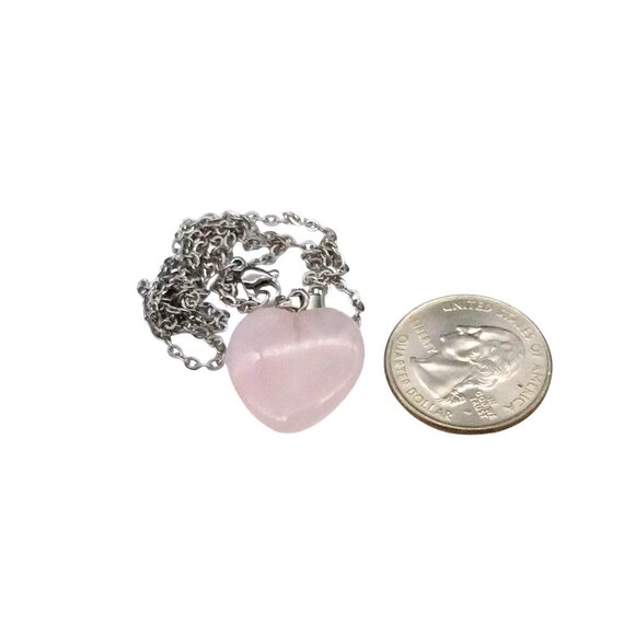 Rose Quartz Heart Pendant Necklace, Pink Natural Stone on Silver Tone Chain - Picture 3 of 3